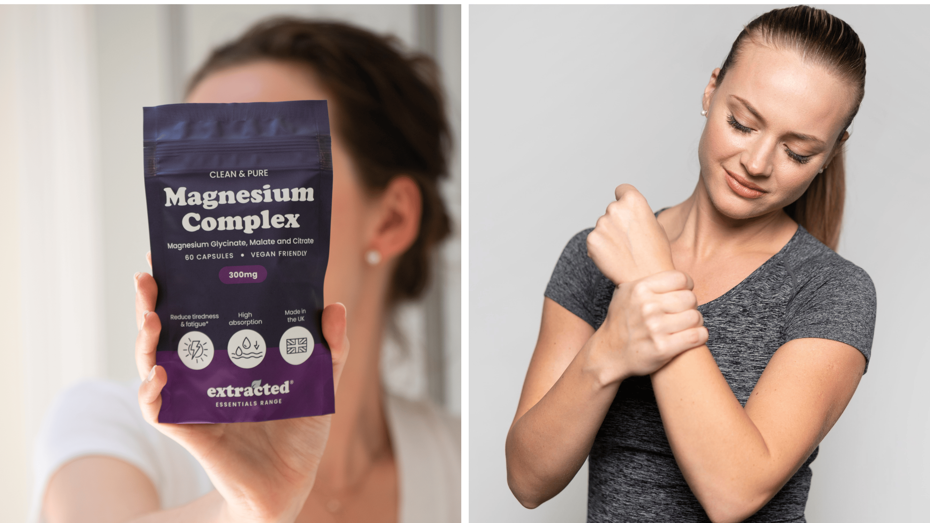 A woman holding supplement capsules