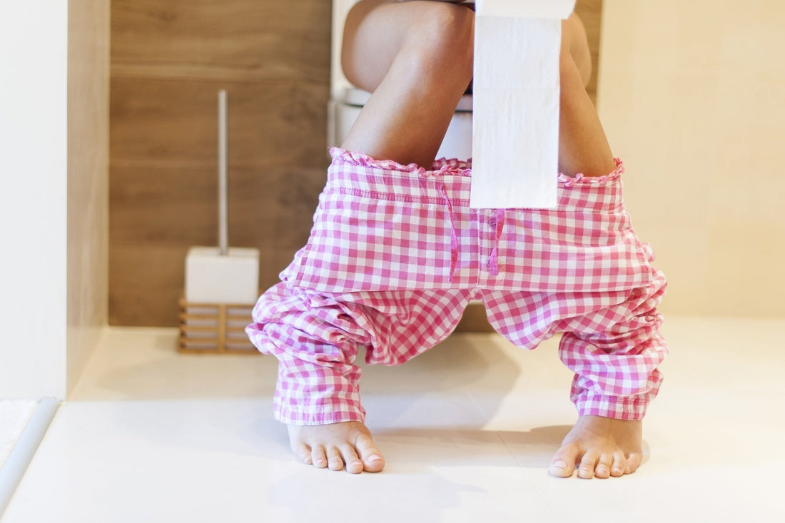 Depicting a female on the loo showing that she has a bladder issue